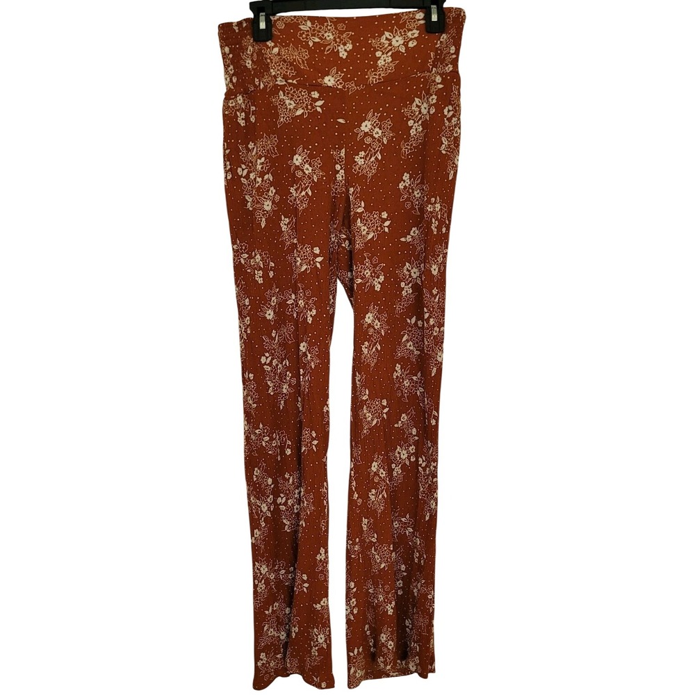 Three Dots Rust White Floral Rayon‎ Wide Leg Pants  Boho Women Medium